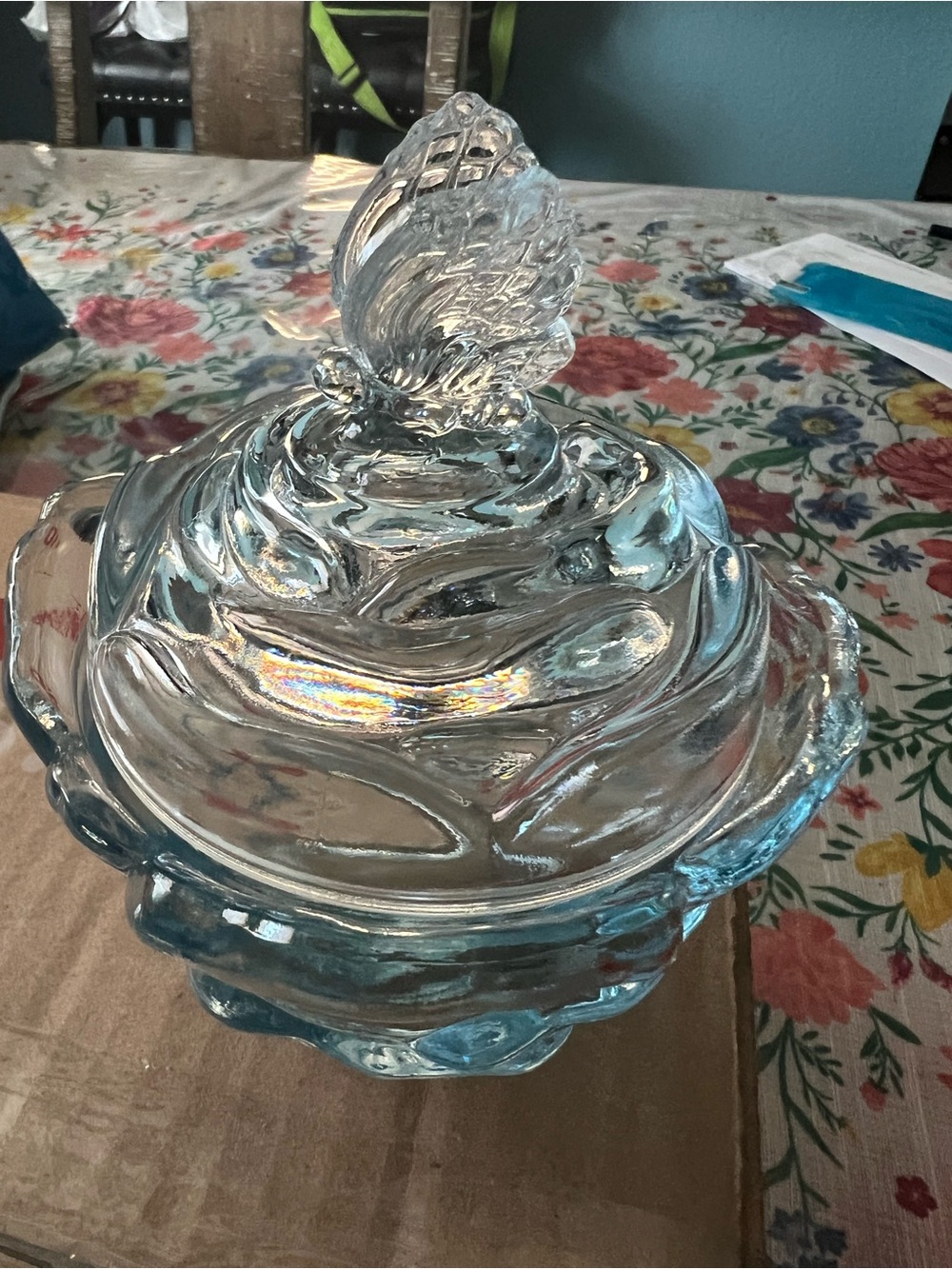 Fenton Blue Glass Cabbage Bowl Trinket Tray Butterfly Handle Authentic A15